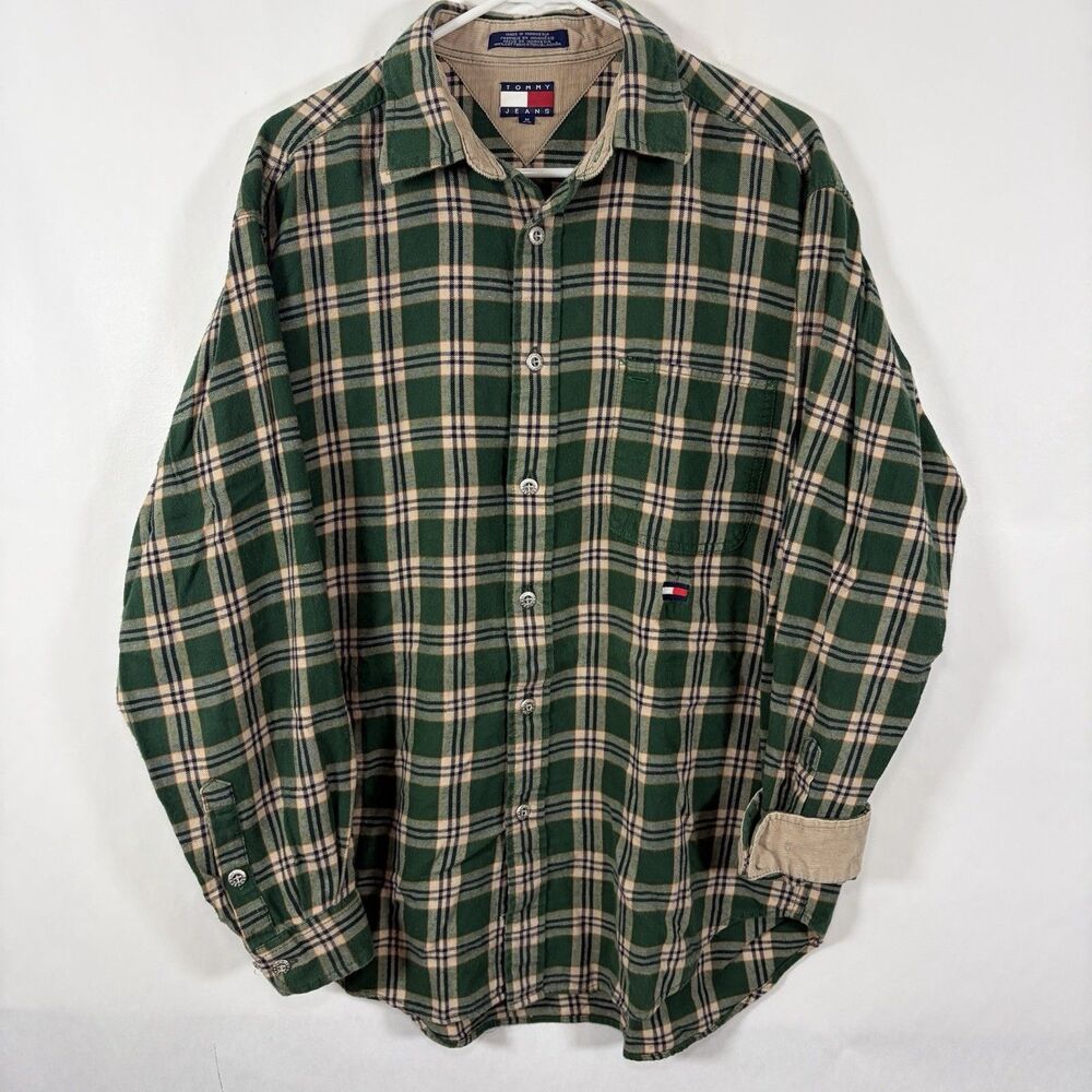 Vintage 90s Tommy Jeans Button Up Flannel Shirt Mens Medium Green Plaid Hilfiger